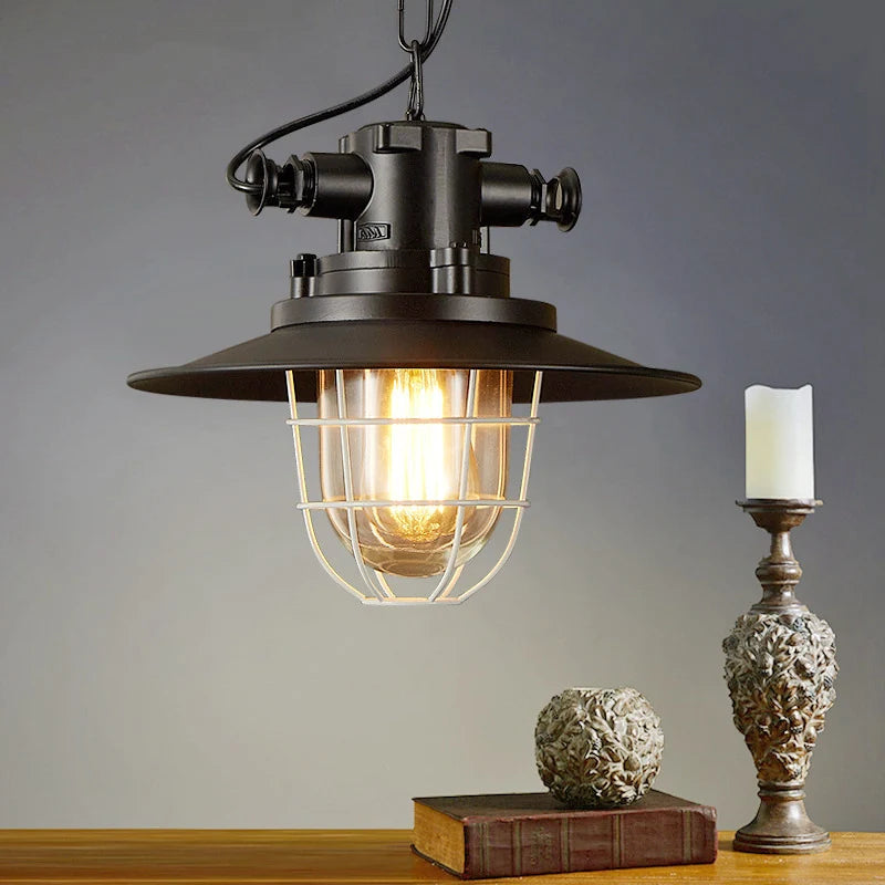 lampe suspendue industrielle noir grille métallique salon chambre bar étanche rétro