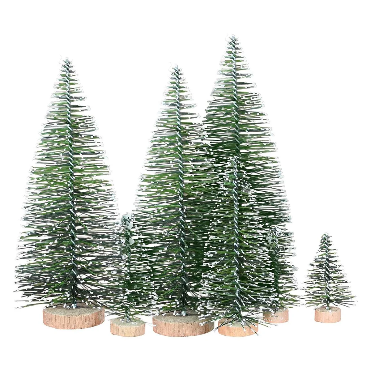 Mini sapins de Noël artificiels verts avec base en bois - vue d'ensemble du lot de 25 pièces