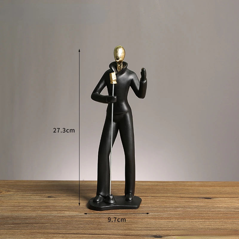 statue musicien moderne abstraite saxophone guitare noire décoration intérieure couple instrumental résine opaque base
