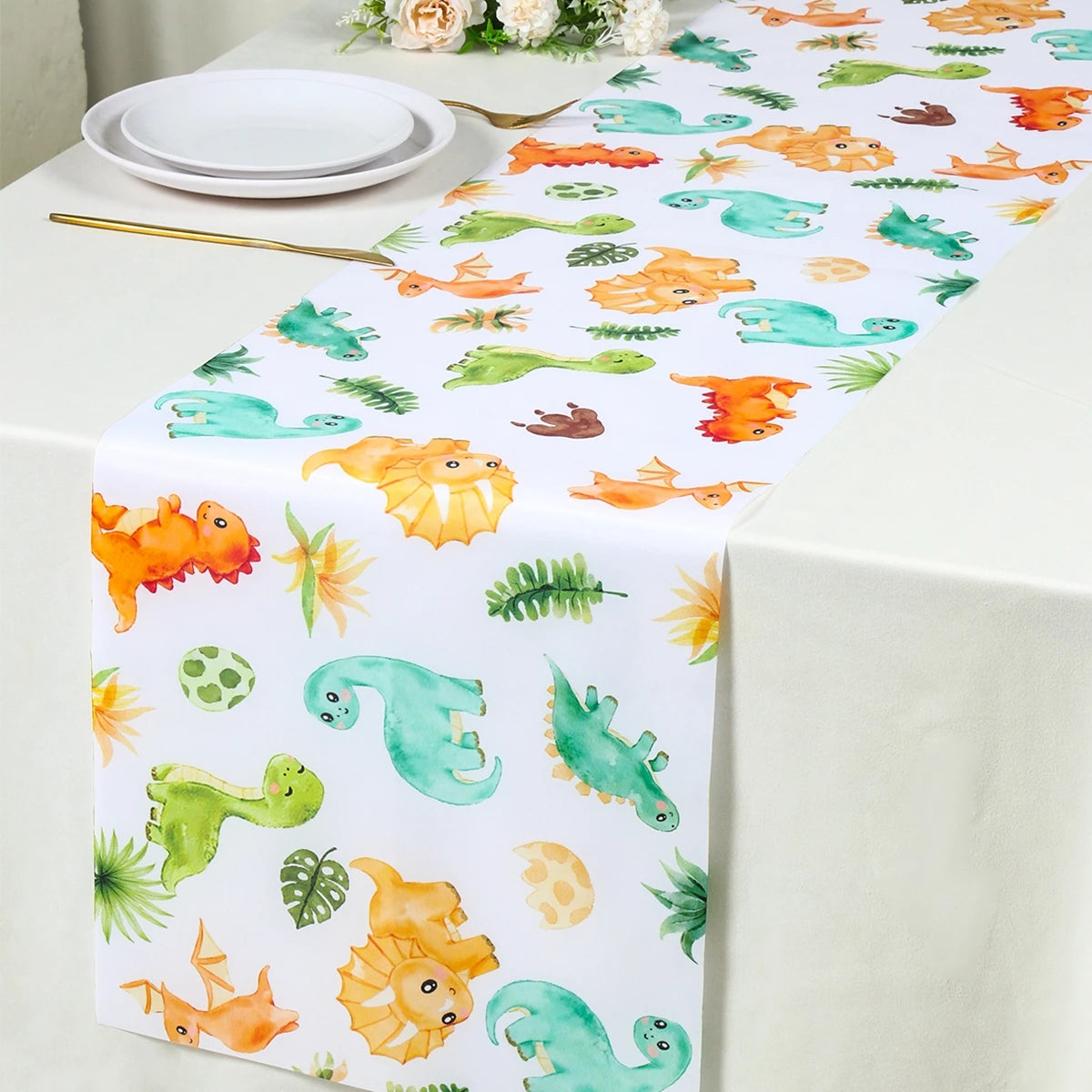 table table motif dinosaure feuilles tropicales décoration enfantine anniversaire fête révélation sexe aquarelle blanc