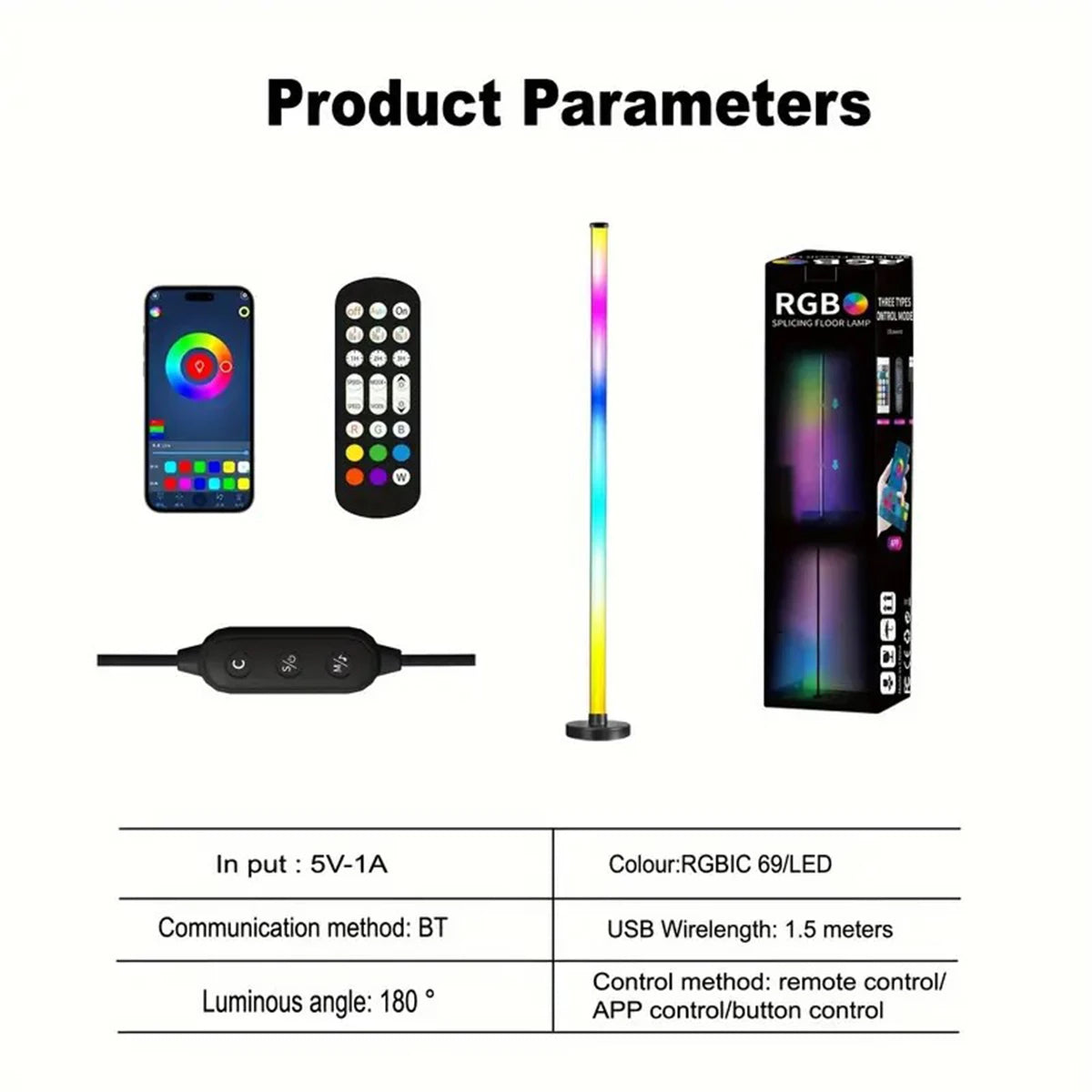 lampe sol led moderne controle app telecommande rgb noire 122cm haute qualité decoration intérieure