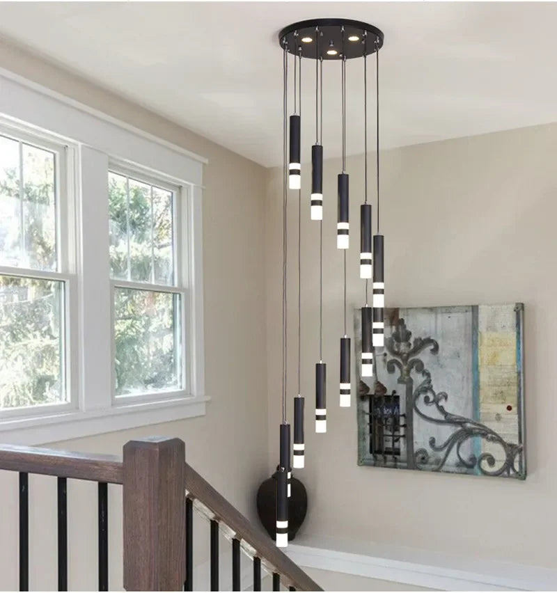 lustre suspension moderne cristal noir escalier salon lampe métal luxe
