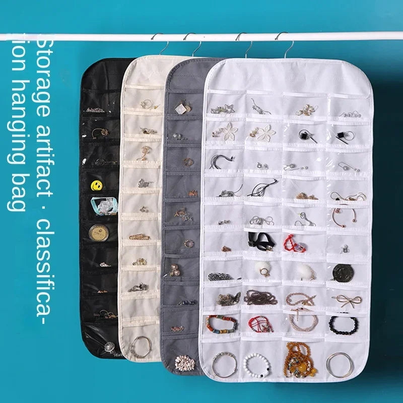 rangement bijoux suspendu noir blanc transparent moderne 40 grilles anneaux suspension