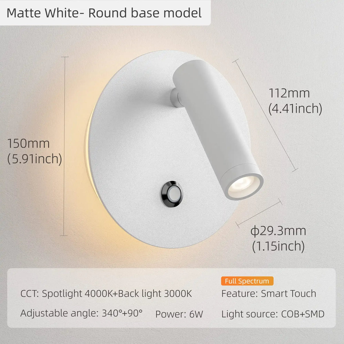 lampe murale moderne led dimmable blanc mat interrupteur tactile fixée mur chambre entree