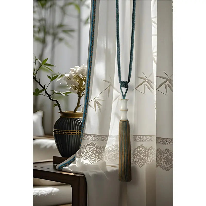 rideau vert beige marron broderie bambou franges classique traditionnel tassel translucent
