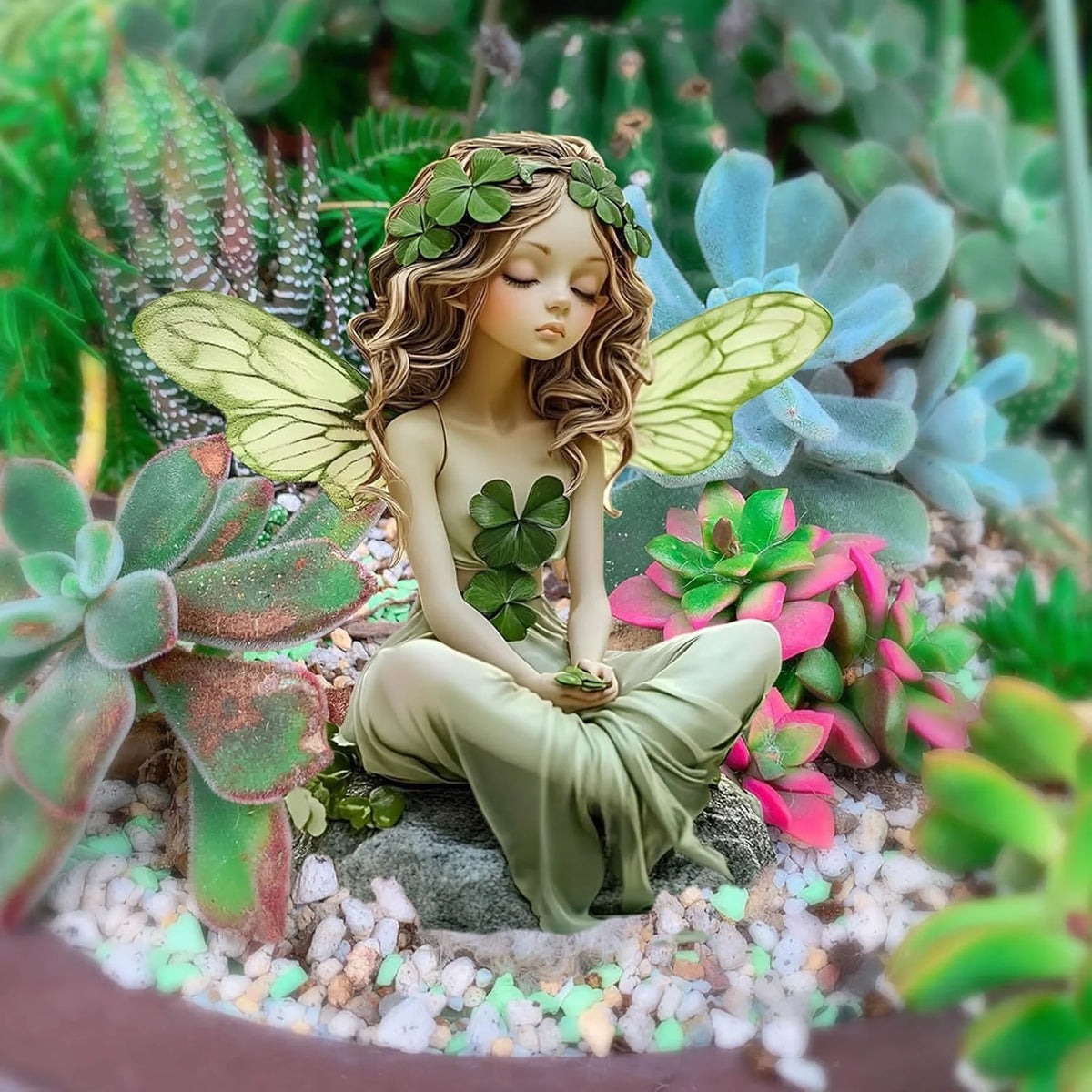 statue fée jardin vert clair trèfle ailes veinées fantaisie natureextérieurintérieurDecorationJardinFéeSculptee