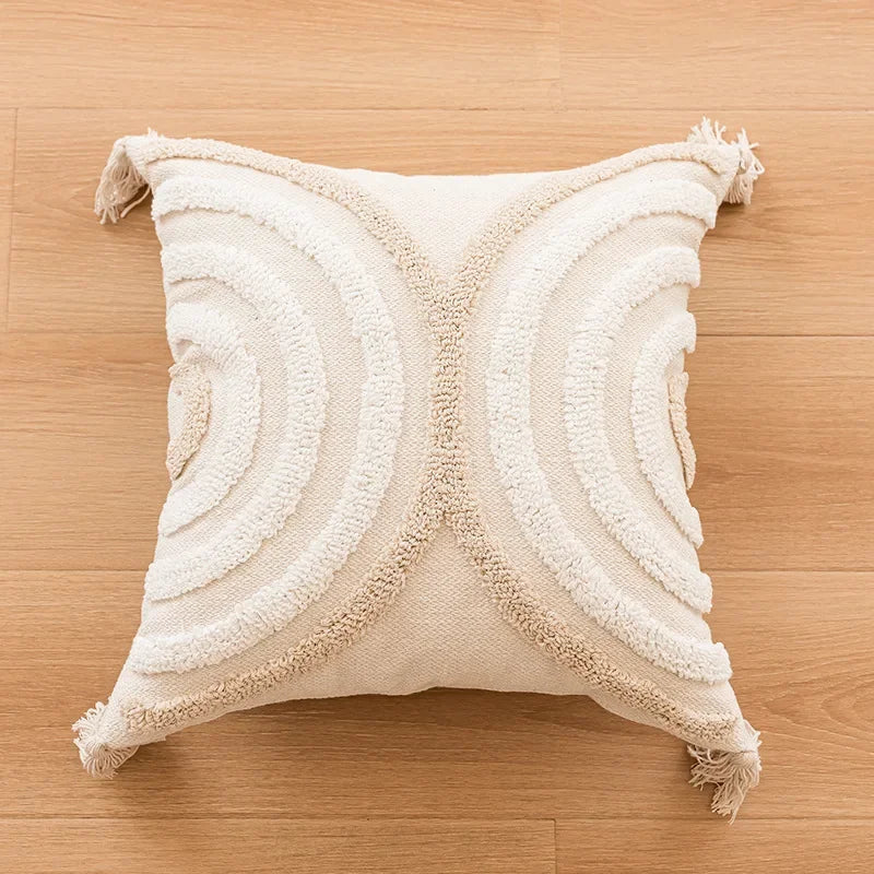 housse coussin beige motif géométrique brodé crocheté moderne amovible lavable boho chic