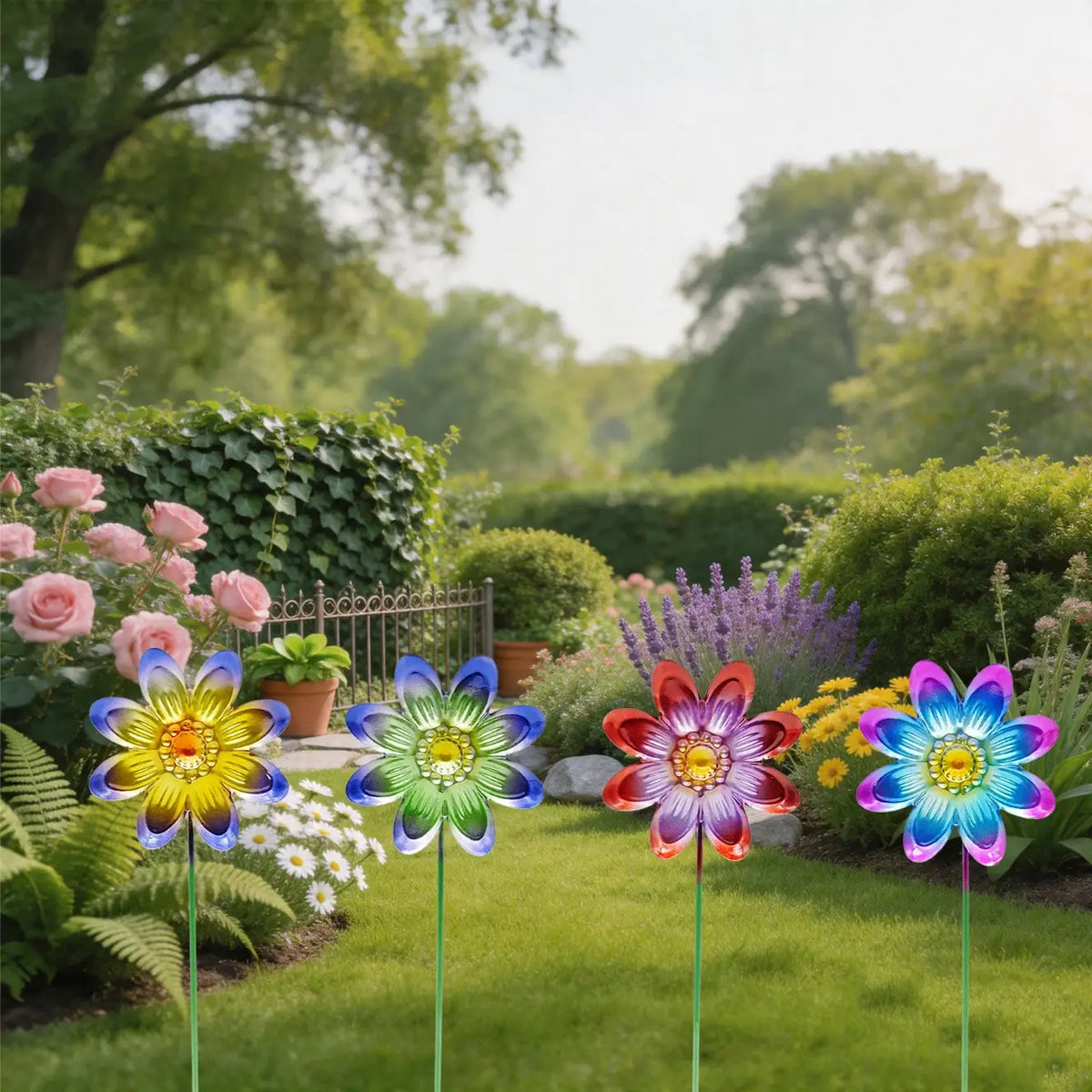 décorations jardin fleurs rouges jaunes bleues vertes violettes oranges rayées tiges métalliques modernes