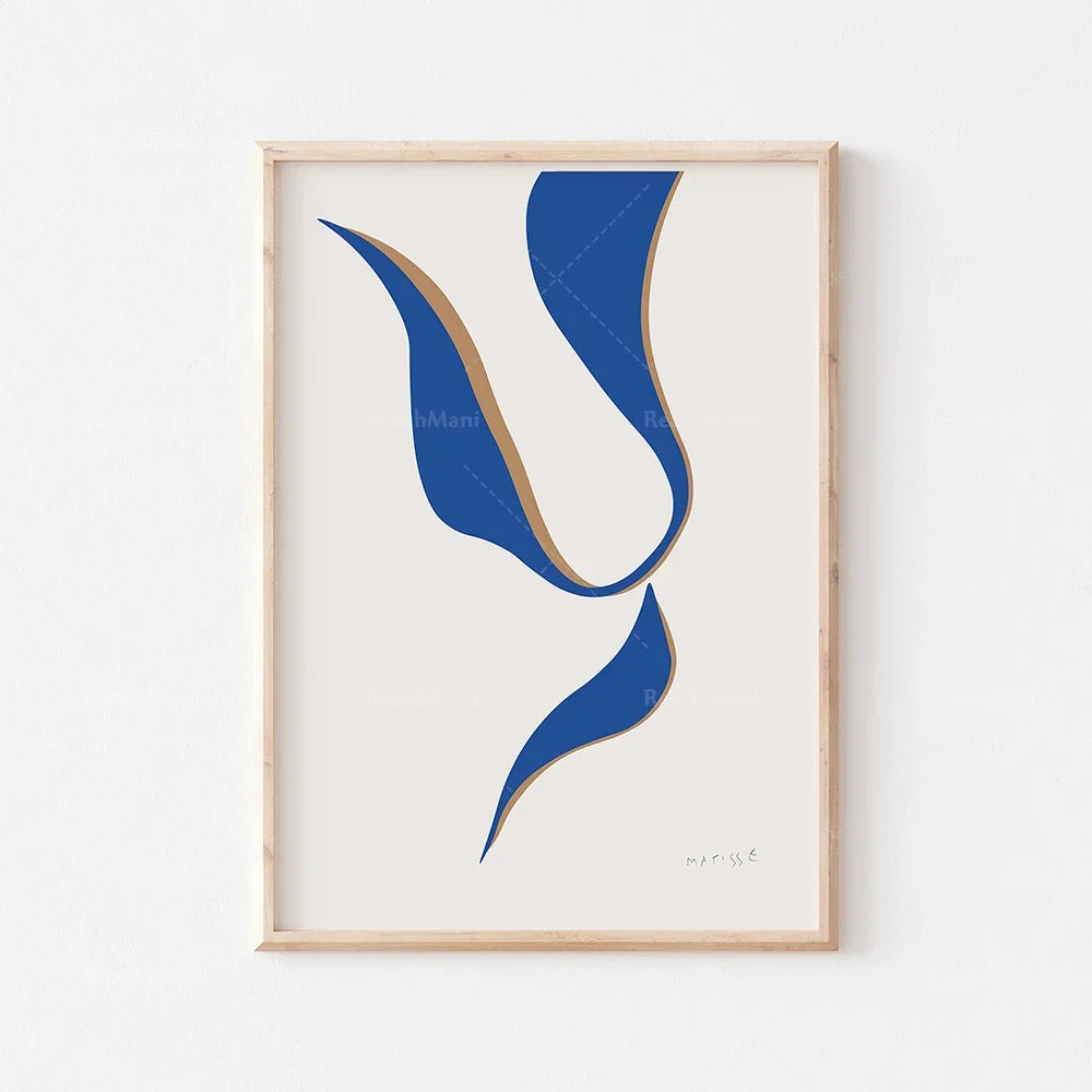 Composition abstraite de formes organiques bleues et dorées, créant une représentation dynamique et élégante.