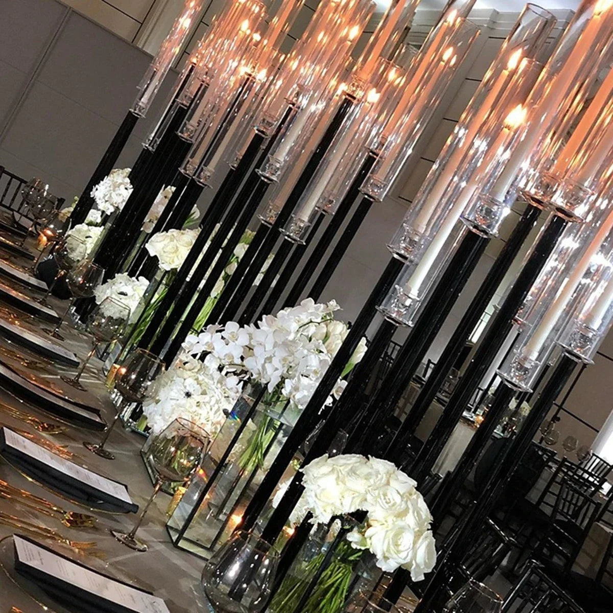 supports bougies transparents modernes mariage bougies vase fleurs noires blanchesDecorationDIY