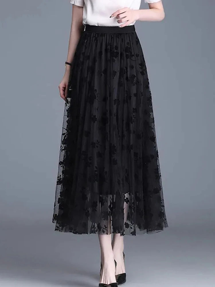 jupe fleurée beige noir gris classique élégante tulle polyester translucide été plissée taille haute