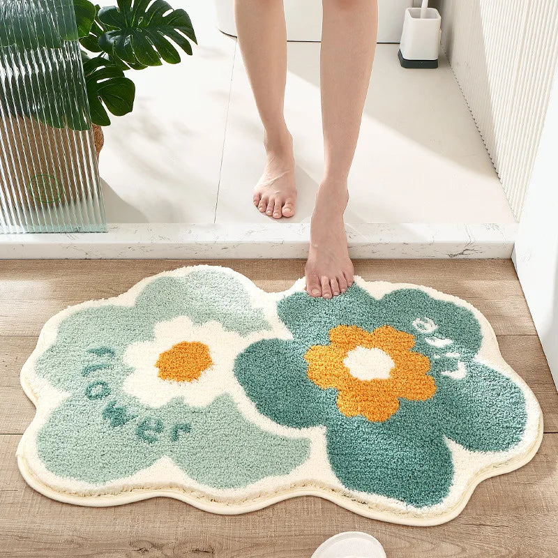 tapis bain moderne fleurs géométriques anti dérapant respectueux environnement bleu blanc orange vert rose