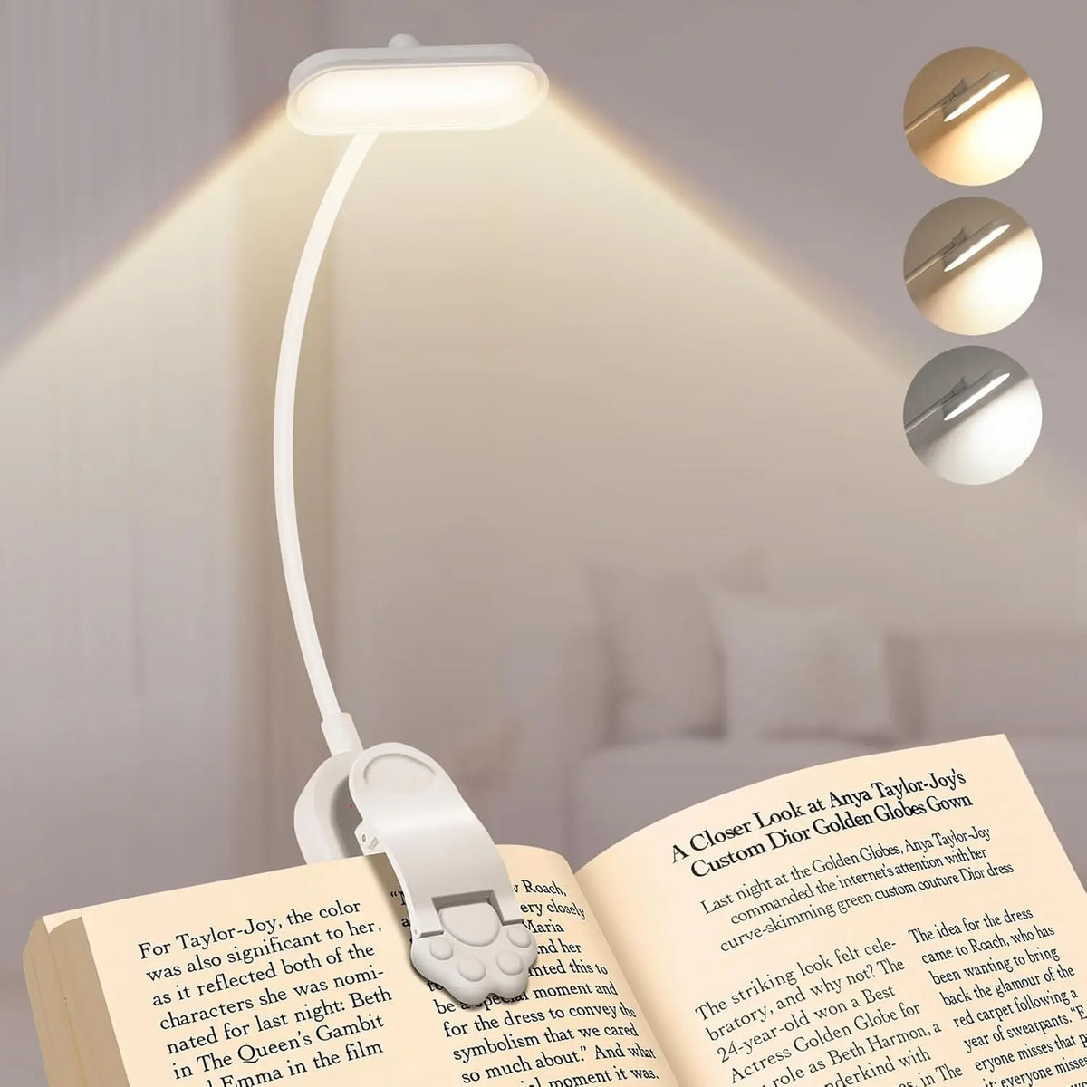 lampe lecture led rechargeable usb portable flexible clip blanc noir lumiere jour multiple niveaux
