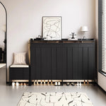 meuble entrée moderne noir panneaux verticaux lisses rangement tabouret coussin plaques mesure