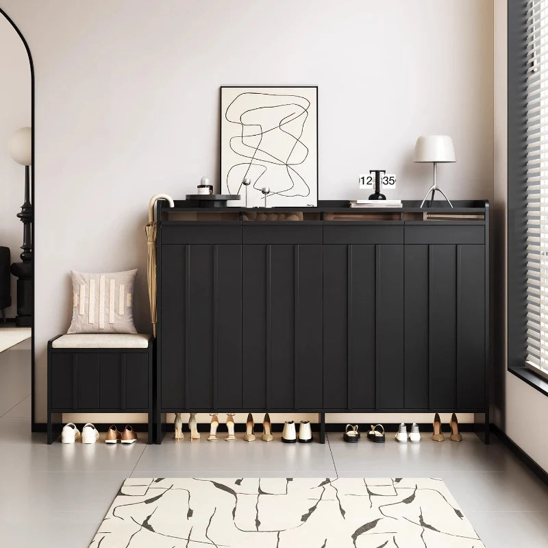 meuble entrée moderne noir panneaux verticaux lisses rangement tabouret coussin plaques mesure