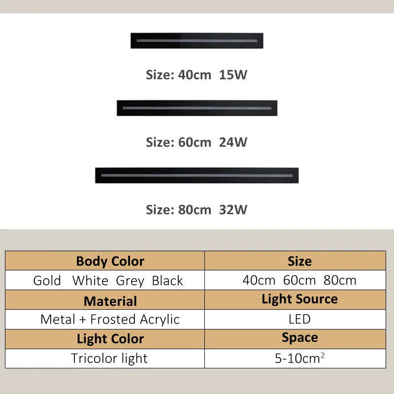 lampe murale led moderne gris or blanc noir 40cm 60cm 80cm éclairage quotidien
