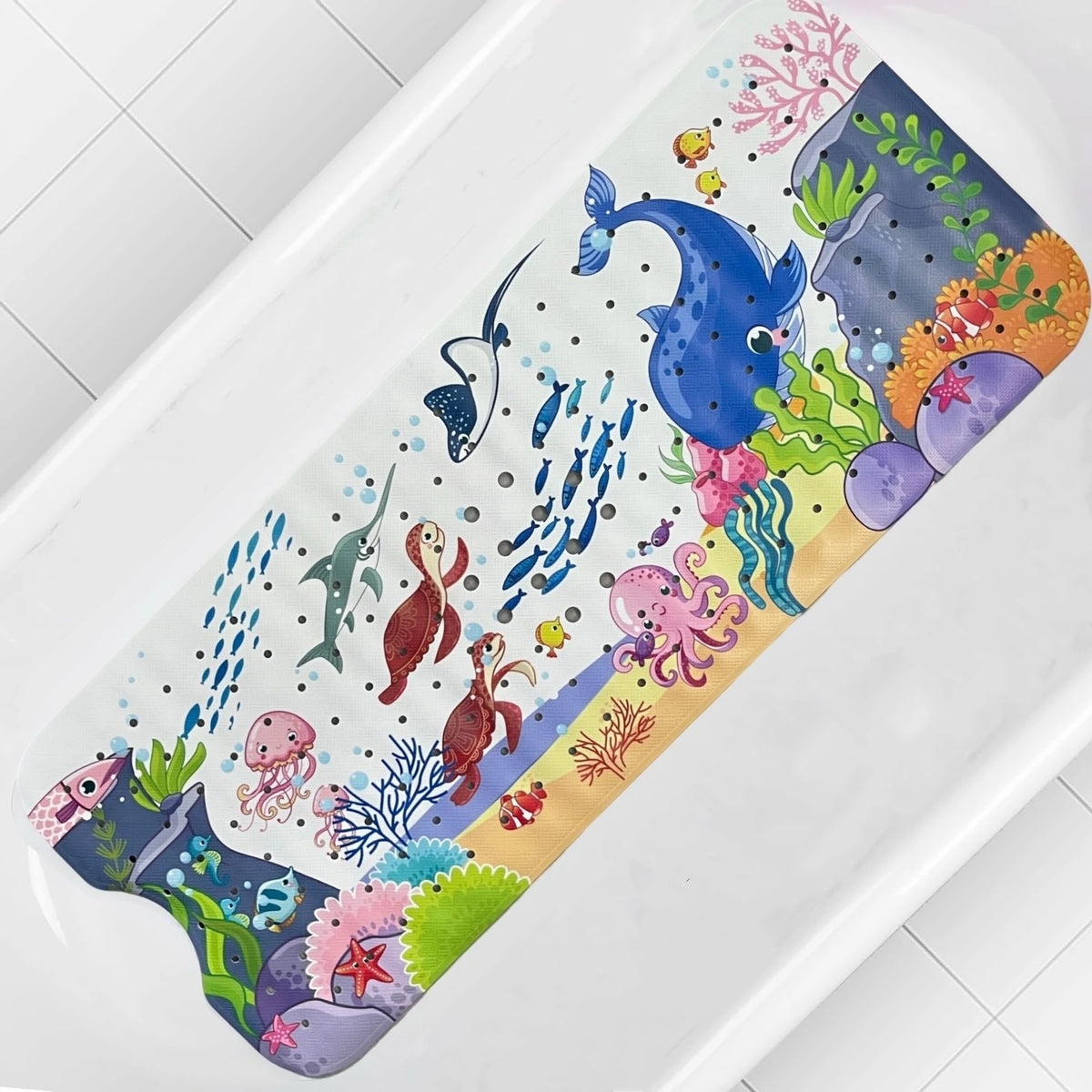 tapis baignoire enfant thème marin poissons coraux bulles ventouses salle bain sécurité antidérapant