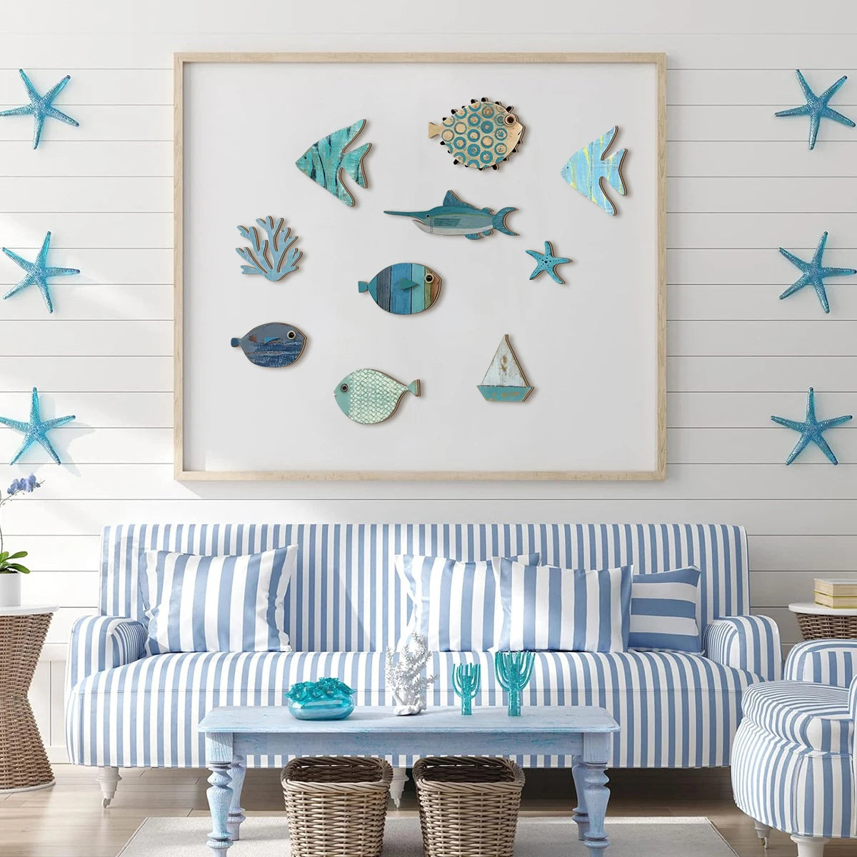 décoration murale bois poissons corail étoile mer voilier marin océan intérieur artisanal fait main