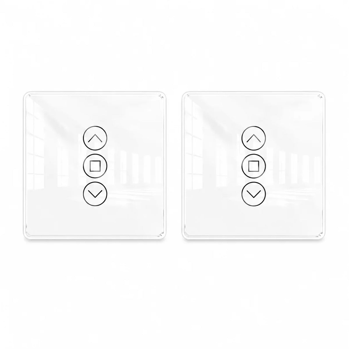 commutateur intelligent rideau controle tactile noir blanc application smartphone flèches haut bas arrêt moderne