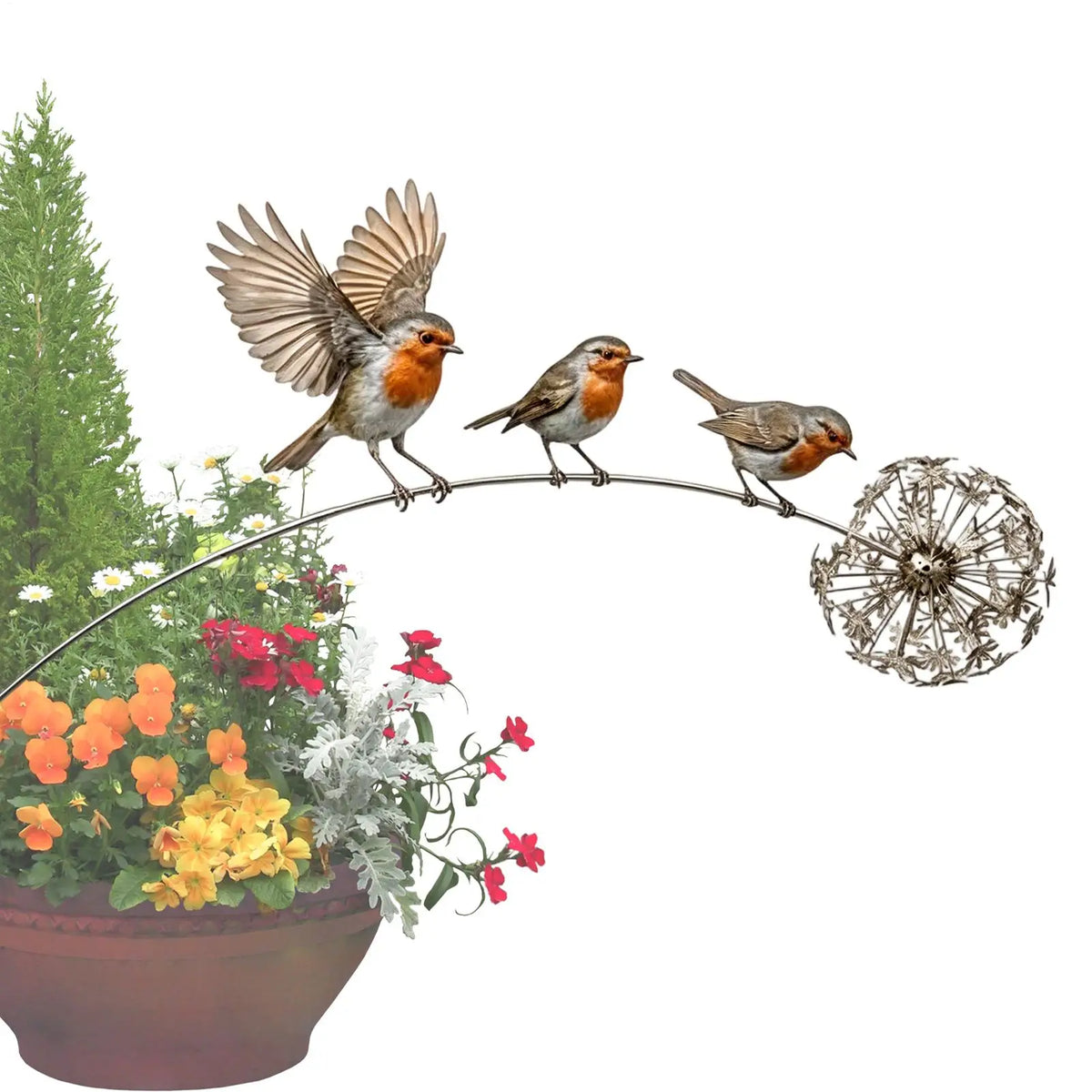 décoration jardin oiseau suspendu orange gris blanc plume métal réeliste tringle sphère métalliqueextérieur ornement