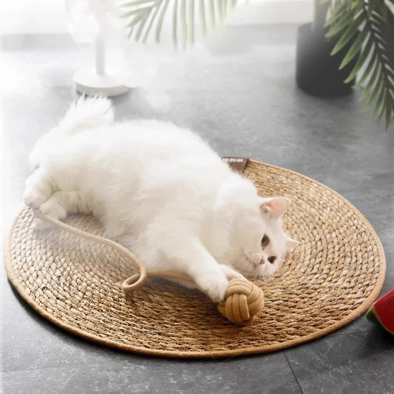 tapis gratter chat tissé main spirale beige clair protection meuble accessoire intérieur balle jouet