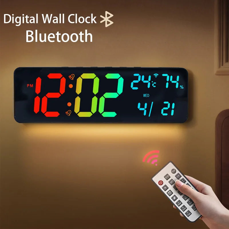 horloge murale numérique moderne alarme calendrier snooze minuteur écran LED couleur batterie télécommande