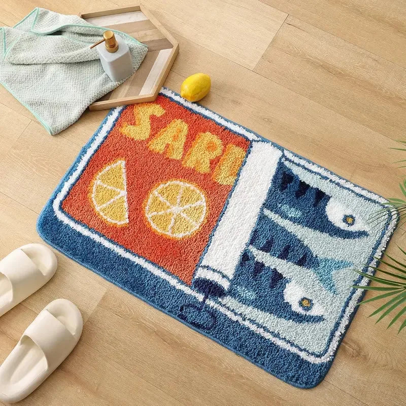 tapis bain moderne fruits poissons antidérapant polyester bleu orange blanc