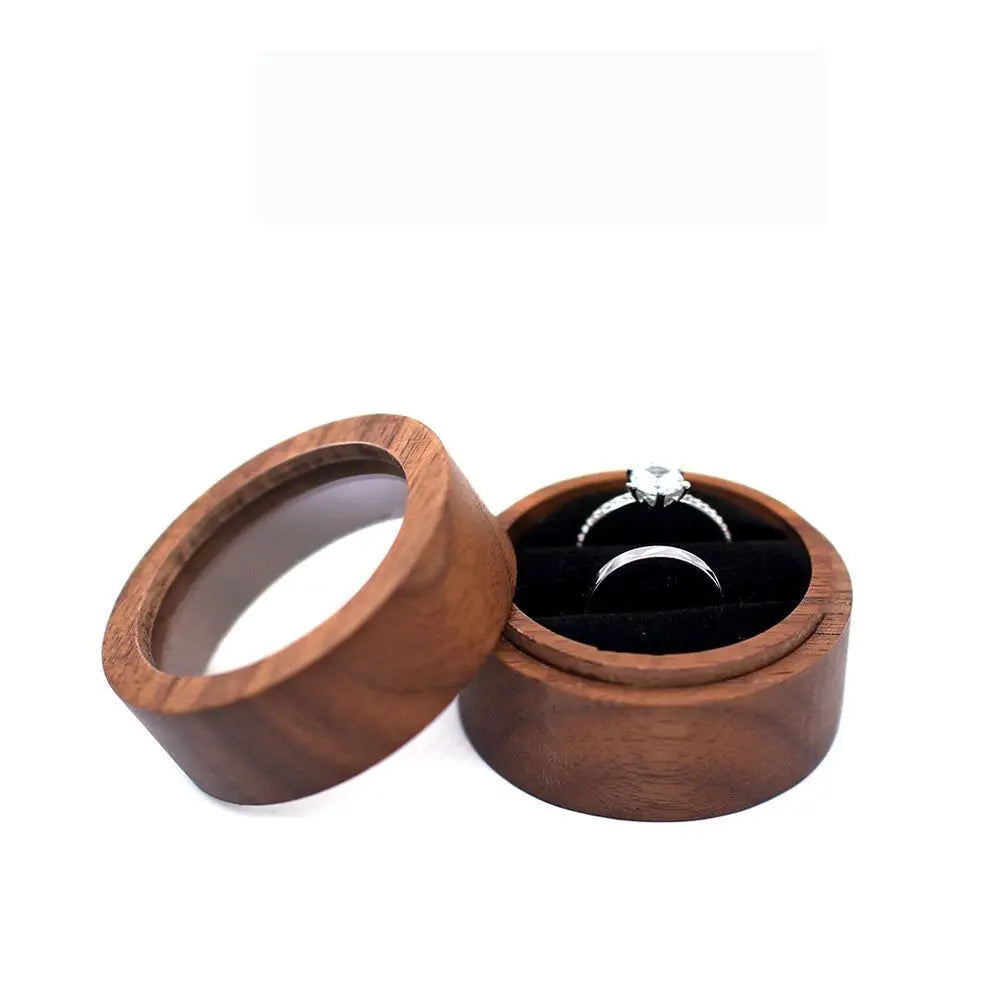 boîte bijoux marron grain bois classique coussin noir anneaux bague solitaire bague mariage étui