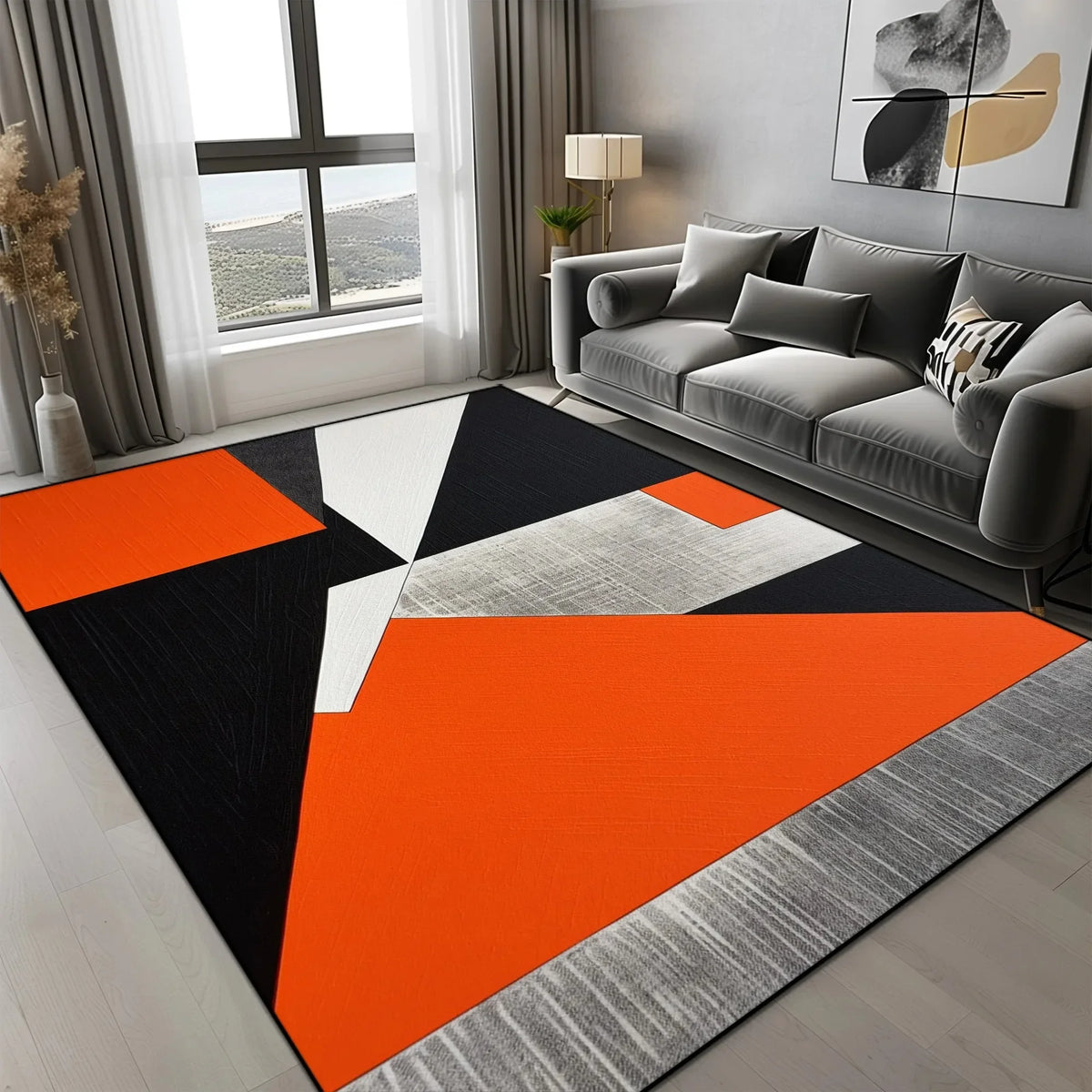 tapis géométrique moderne noir gris orange antidérapant facile nettoyer triangles cercle salon chambre