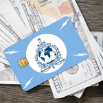 stylo bille bleu interpol logo globe épée carte bancaire