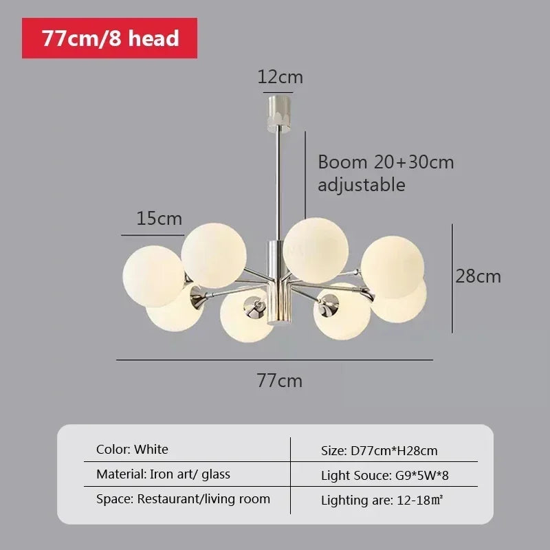 chandelier moderne minimaliste argenté blanc plusieurs têtes verre opalescent fixé réglable