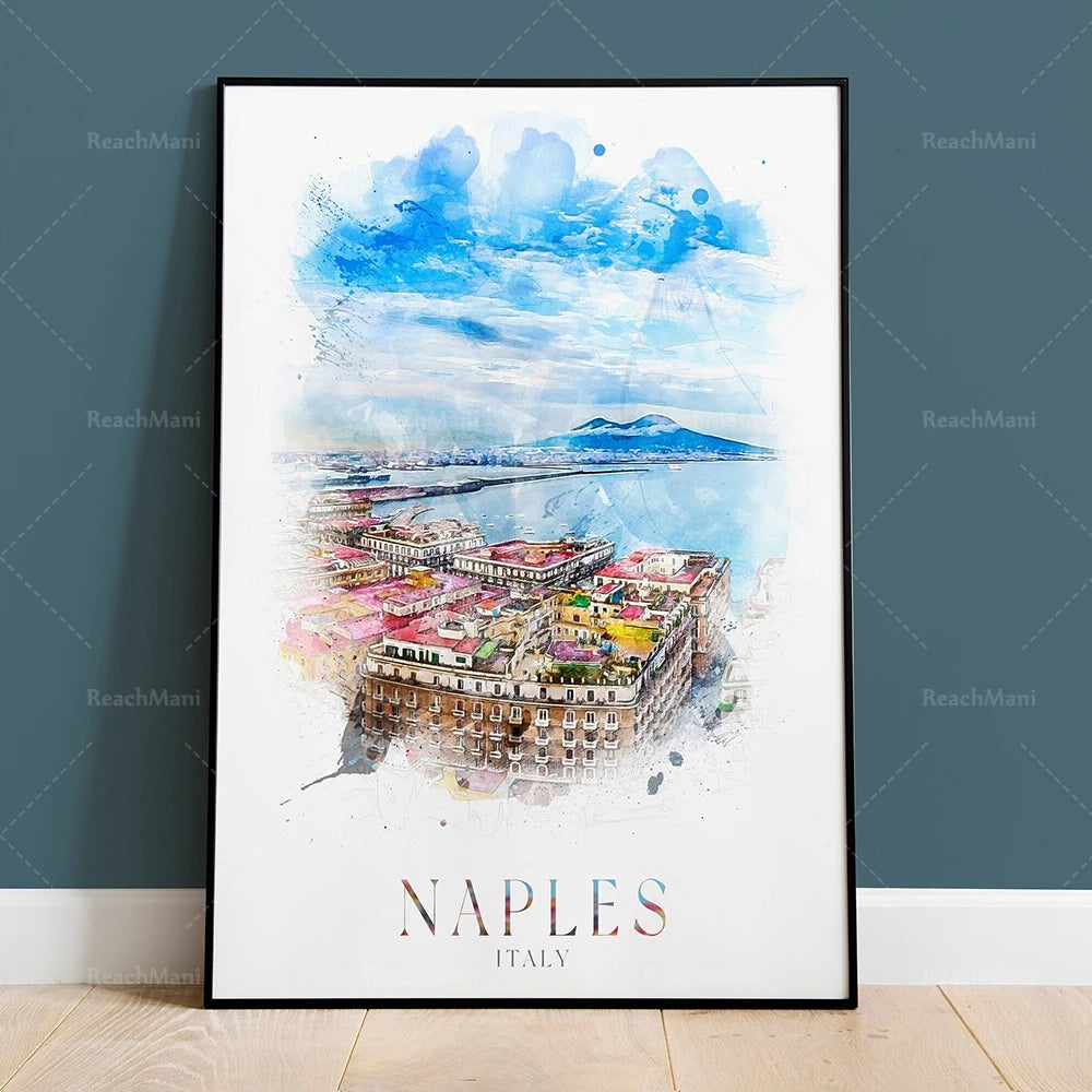 Cette illustration aquarelle capture le paysage coloré et la beauté de Naples, en Italie, avec ses bâtiments aux couleurs vives, son panorama côtier et son mont Vésuve en arrière-plan.