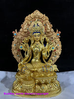 statue bouddhiste or bleu rouge turquoise décoration florale tibétain multiple bras base lotus