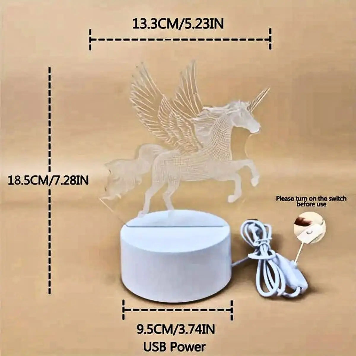 veilleuse nuit 3d licorne ailée moderne interrupteur câble usb blanc rose chambre coucher ambiance