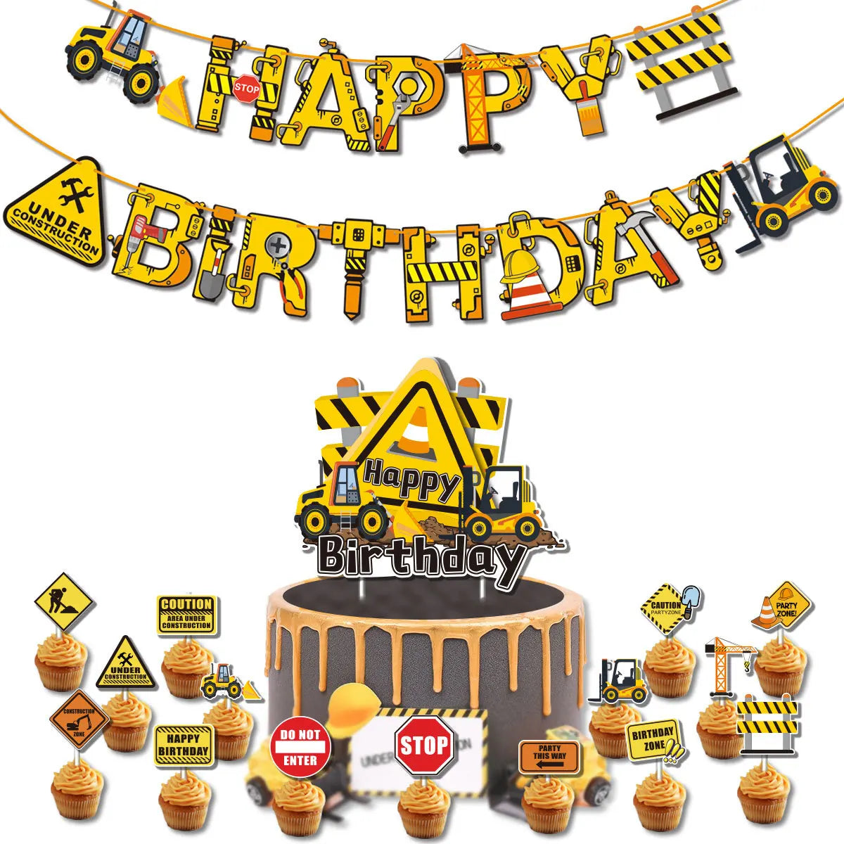 décoration gâteau anniversaire enfant thème chantier camion construction chiffre panneaux signalisation fête jaune