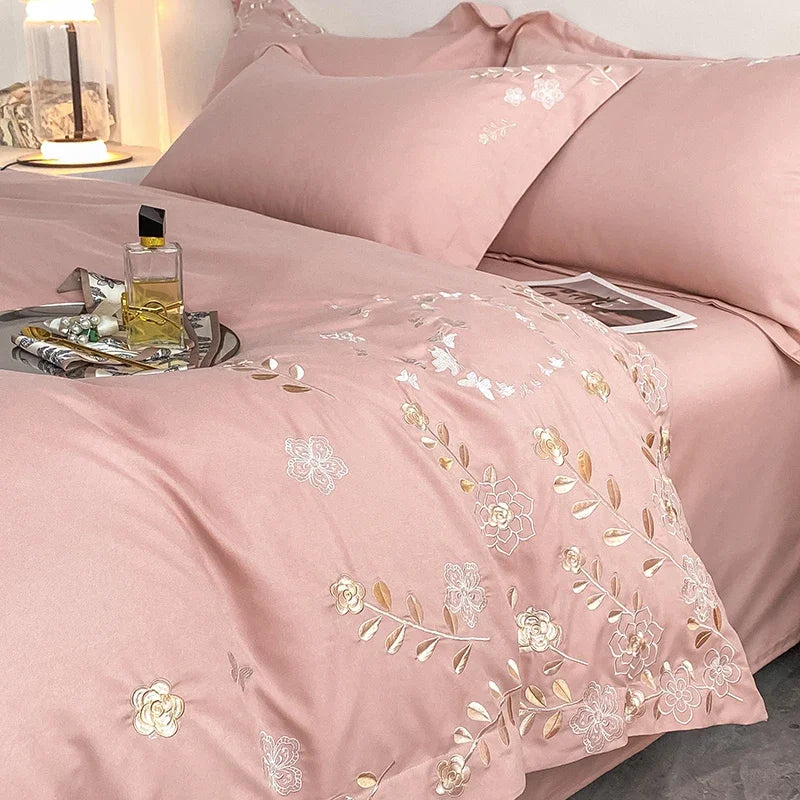 ensemble literie coton broderie florale dorée beige rose pâle housse couette taies drap