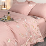 ensemble literie coton broderie florale dorée beige rose pâle housse couette taies drap