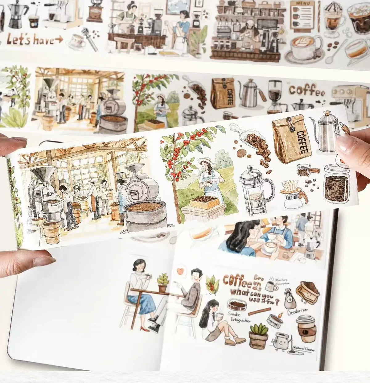 ruban decoratif illustrations personnes espresso lettres adhesif blanc marron bleu vert