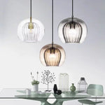 suspension lumineuse moderne cognac clair gris transparent rayures verticales ampoule g9 5w chaîne métallique
