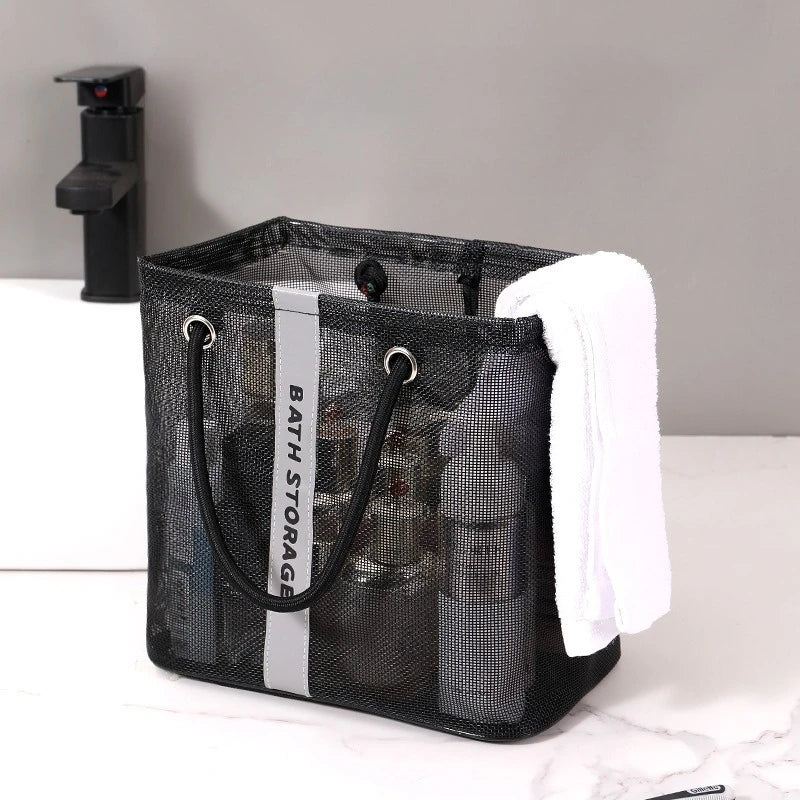 sac rangement bain noir polyester réutilisable maille moderne poignées accessoires stockage fitness