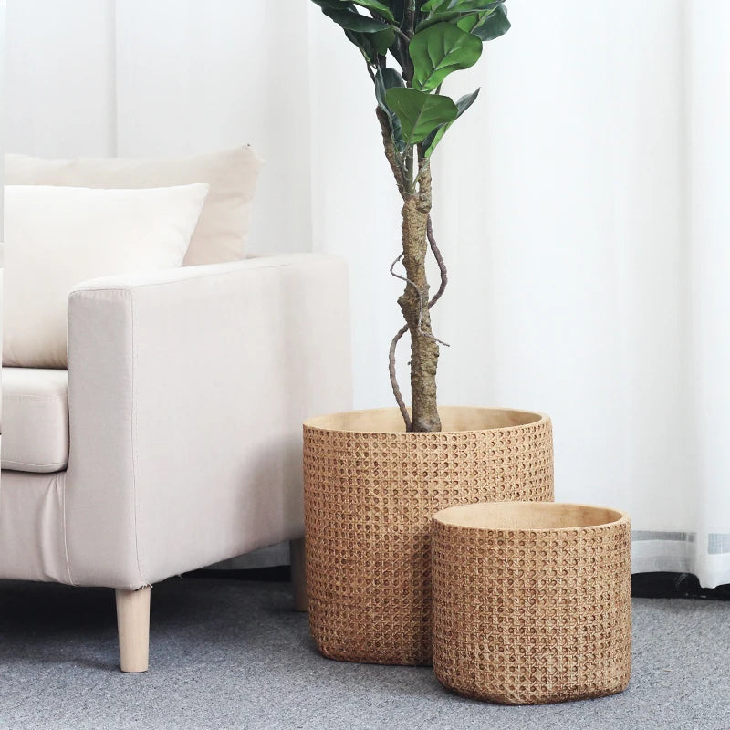 Pot plante tissé marron clair moderne rustique plante verte graines noires serviette blanche