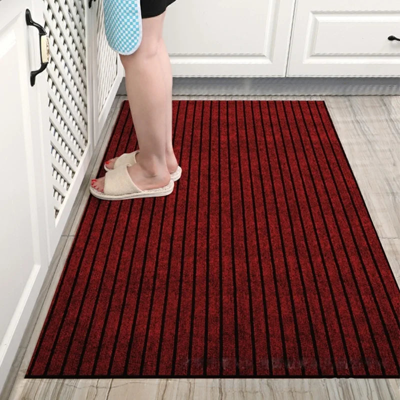 tapis sol moderne rayures horizontales rouge gris noir antidérapant entrée cuisine chambre polyester