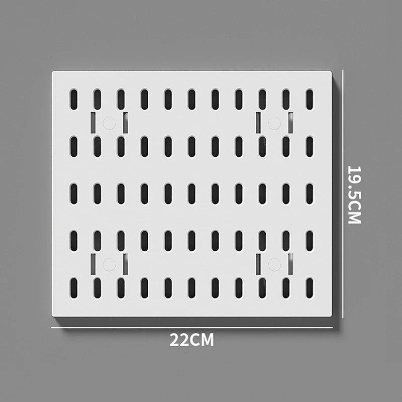 panneau rangement perforé blanc moderne fixation murale porte clés cache câbles support plante horloge