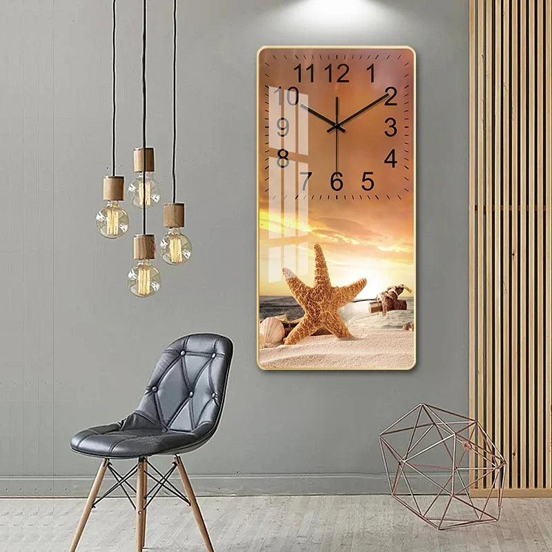 horloge murale moderne bleu forêt plage aiguilles chiffres decoratif doré montagne ponton