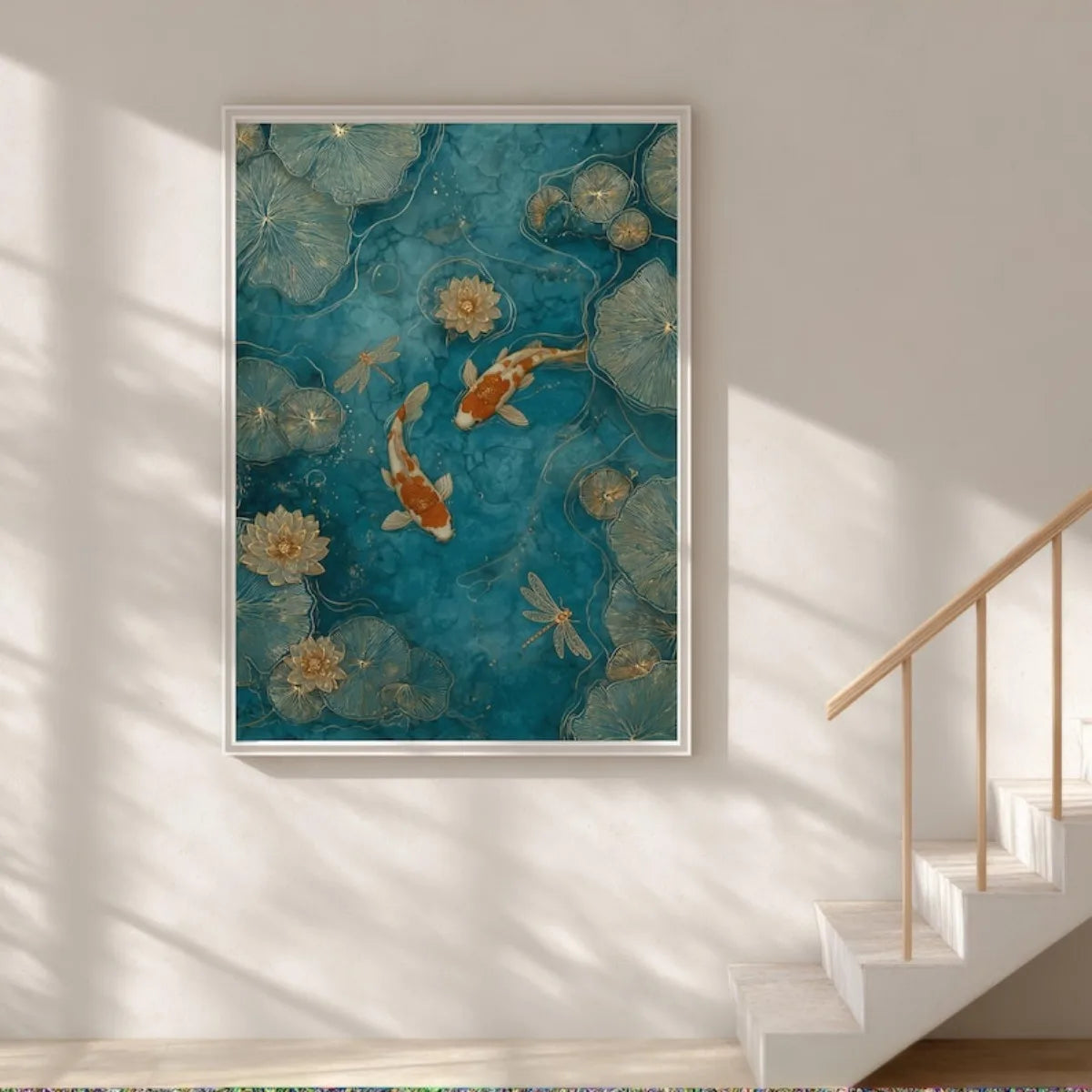 tableau moderne oriental poissons libellules feuilles lotus couleur bleu doré beige sans cadre