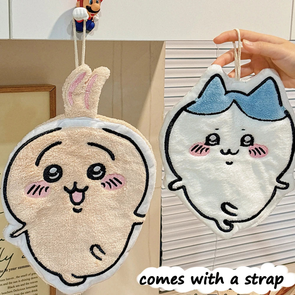 serviettes main décoratives kawaii blanc beige bleu personnage souriant oreilles lapin