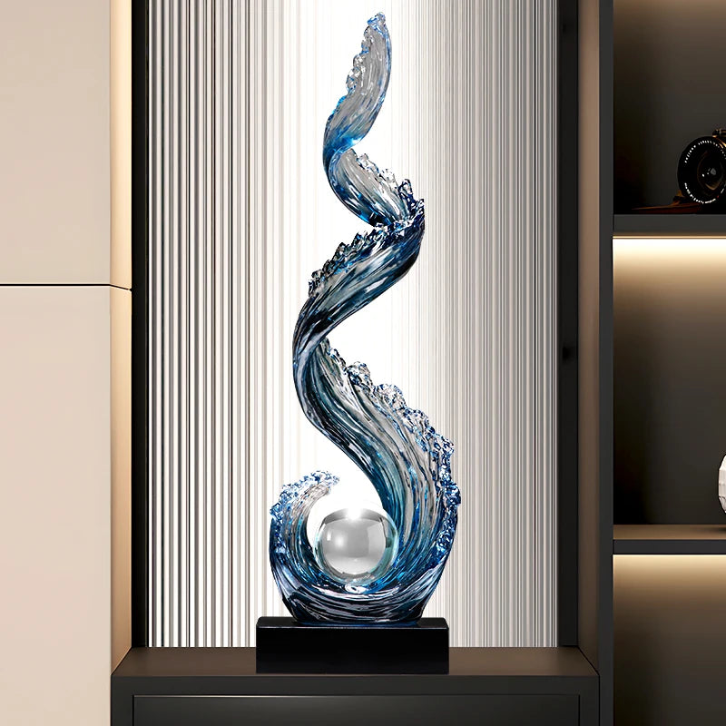 sculpture résine bleue vague moderne décoration intérieure entrée salon cadeau anniversaire nouvel an