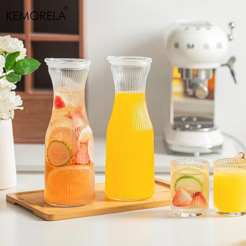 carafe verre riblée 1l bouchon plastique ardoise noire moderne 4pcs transparent