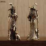 statuette sorcier bronze doré détails métalliques artisanal rétro chapeau pointu balai chat robe décoration