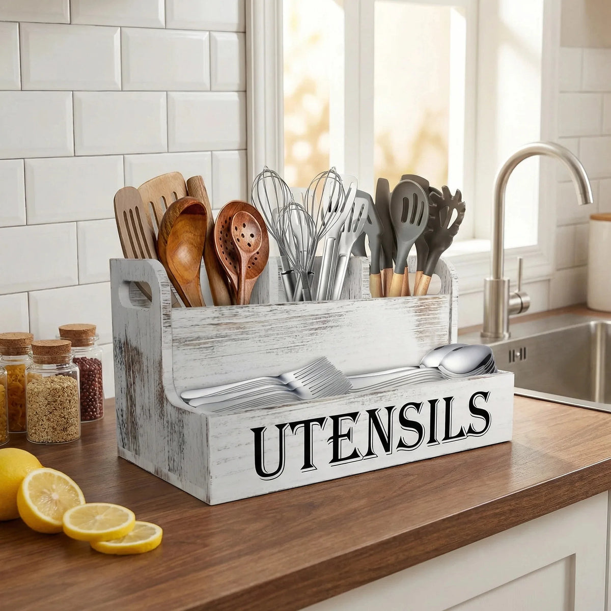 boîte ustensiles bois blanc rustique couteaux fourchettes cuillères spatules pinceaux pâte cuillère soupe dessert